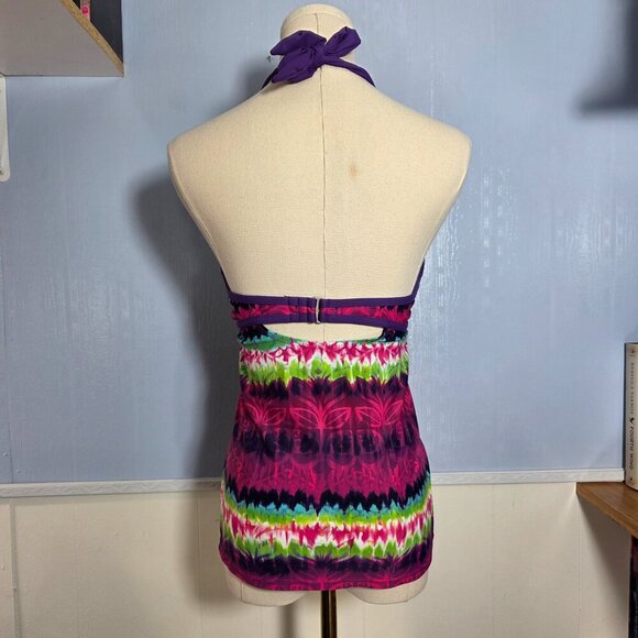 Athleta LT Pink Green Striped Floral Halter Tie Open Back Bathing Suit Top - Picture 5 of 10